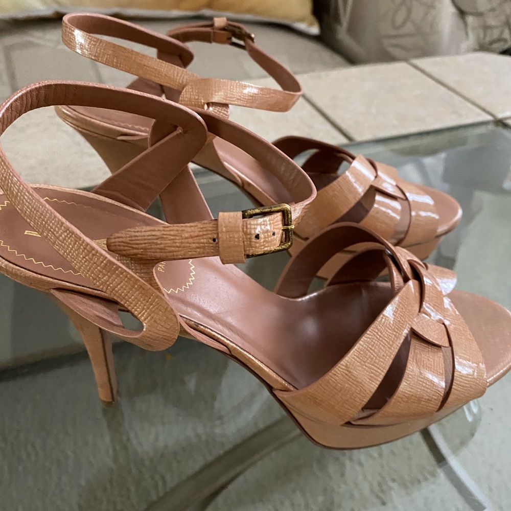YSL Tribute Platform Heeled Sandal Nude